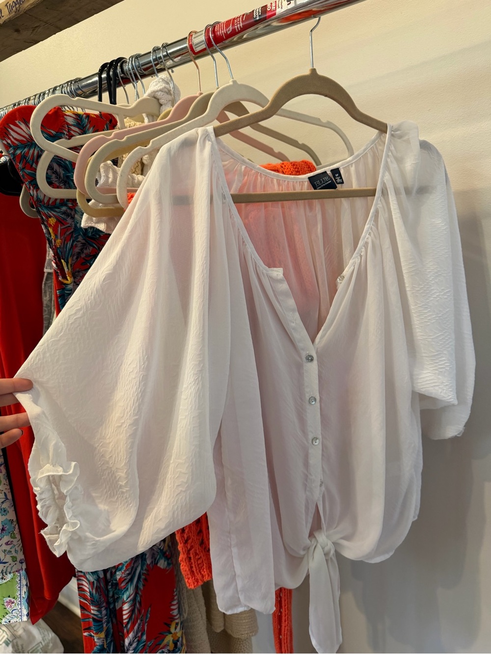 Saks Fifth Avenue White Button-Front Tie-Hem Blouse